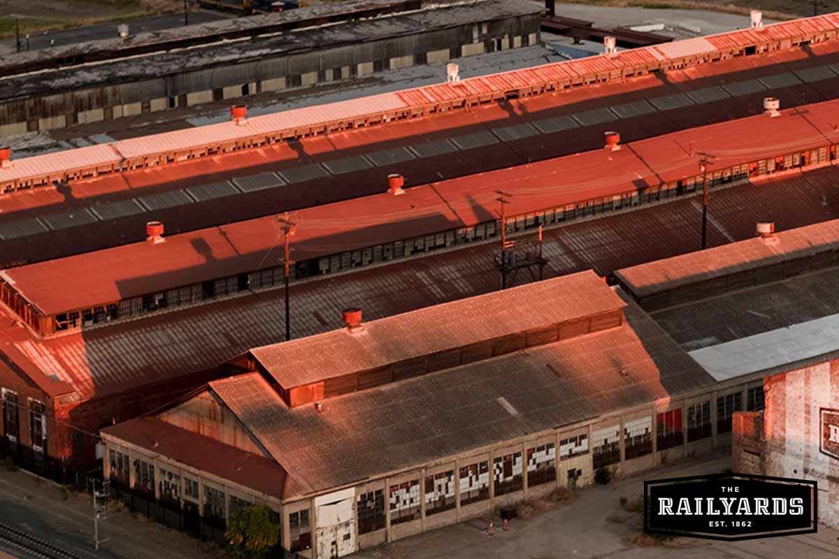 An image of the Central Shops buildings at the Sacramento Railyards