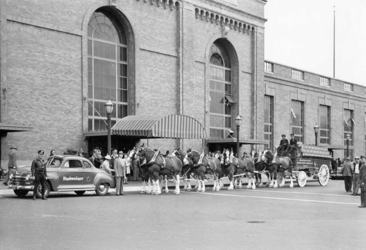 A black and white photo of the Sacramento Valley Station in 1940. The Budweiser Clydesdales are visible in the foreground.