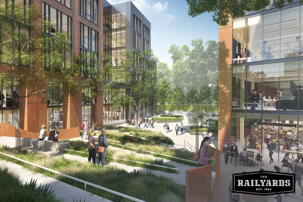 Concept art of the office buildings at the Railyards. Learn more about the plans to bring businesses to the Railyards.