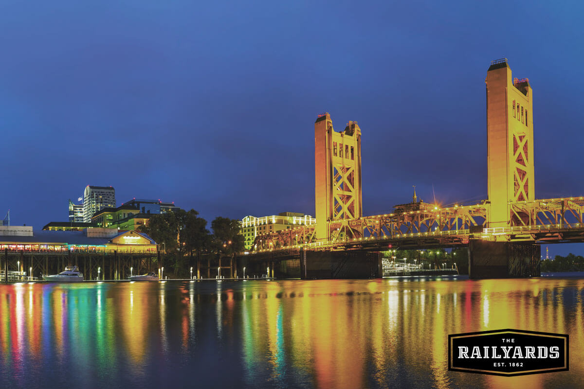 A view of the Tower Bridge in the evening. Learn more about the people and places inspiring Sacramento's culture.