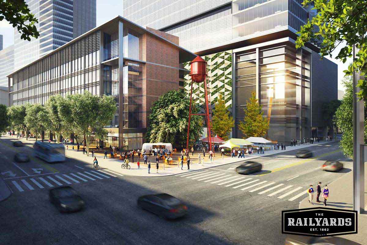 A rendering of a future bustling office building at the Sacramento Railyards.