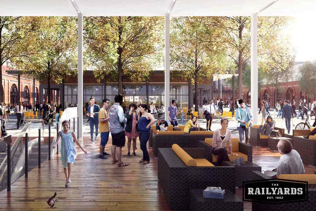 A rendering of Sacramentans enjoying the Central Shops at the Railyards.