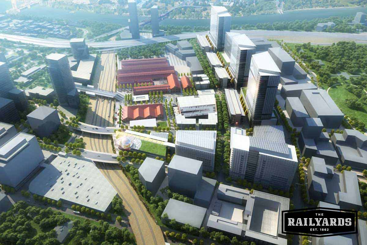 An overview of the Railyards including the planned Central Shops and other features, like the Kaiser Medical Center.
