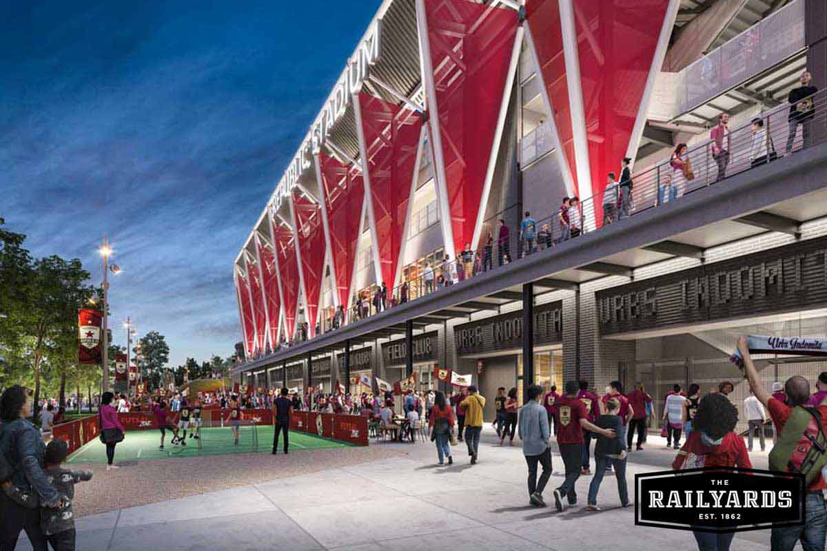 A rendering of the exterior view of the Sacramento MLS Stadium at the Railyards.