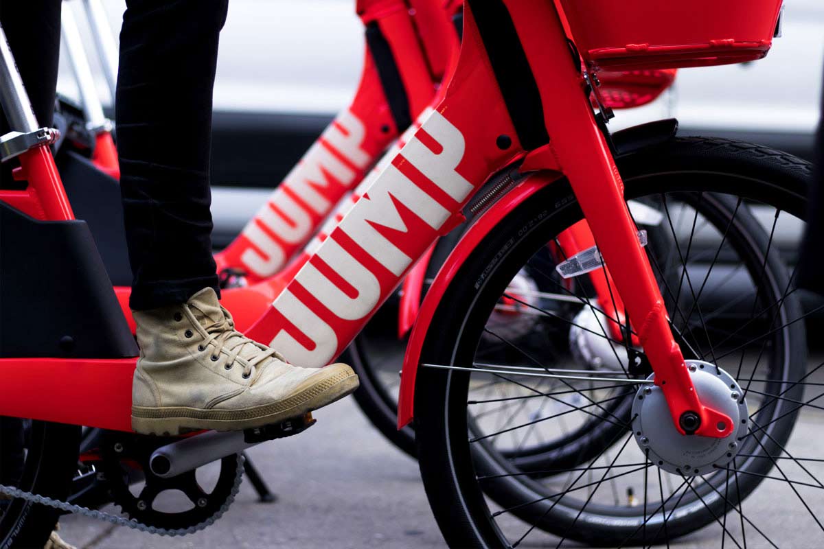 A red Jump bicycle. Learn more about Sacramento's bike share program.