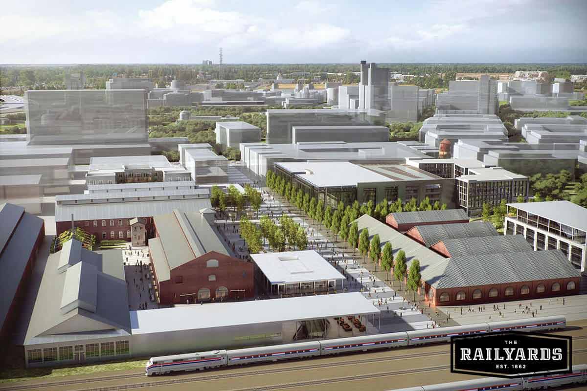 A bird's eye view of concept art of the Railyards. Learn more about our plan to address affordable housing challenges in Sac.