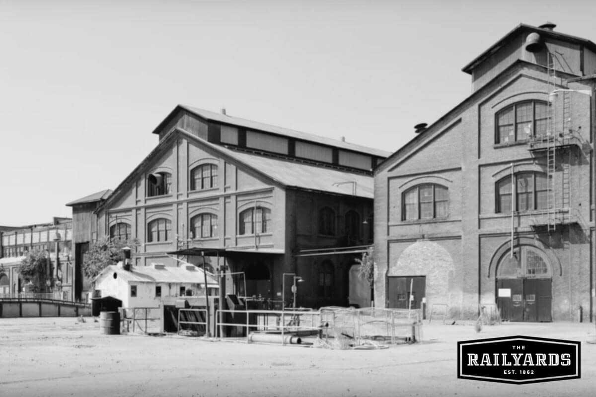 A black and white historical photo of the Railyards. Learn more about the Railyards' history.