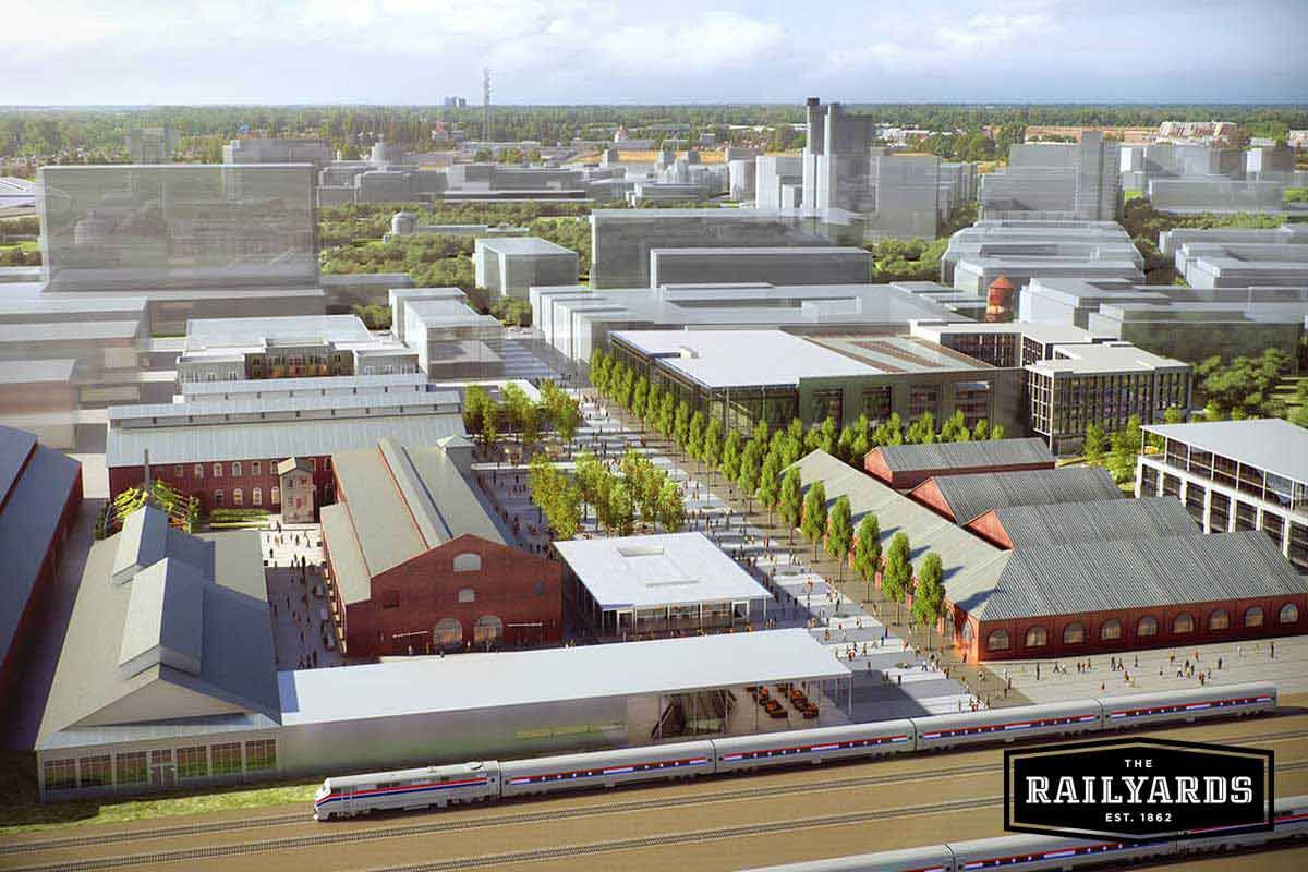 A bird's eye view of concept art of the Railyards. Learn more about Sacramento residents' vision for the Railyards.