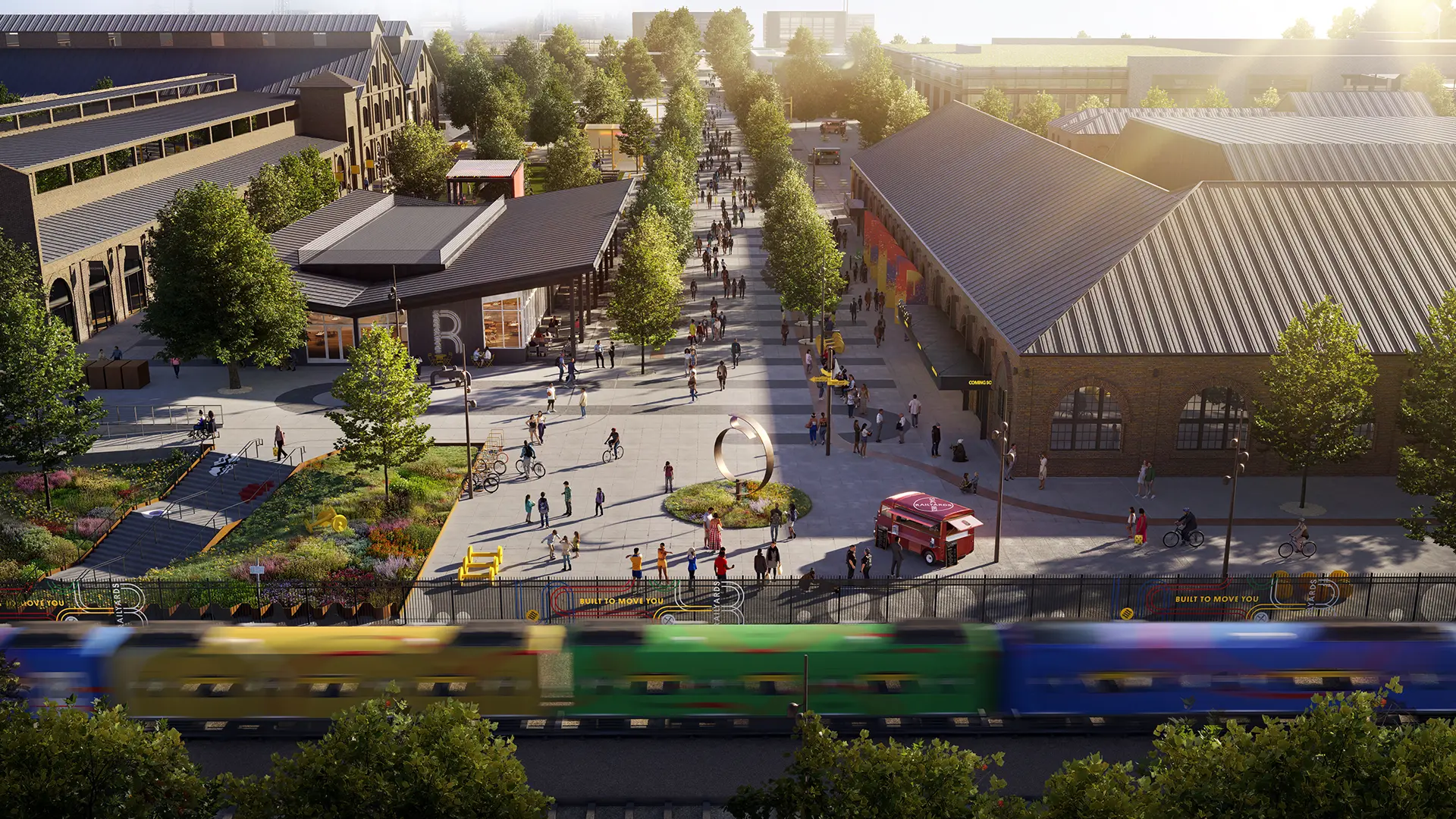 a 3d rendering of the future Railyards filled with buildings, trees, and people