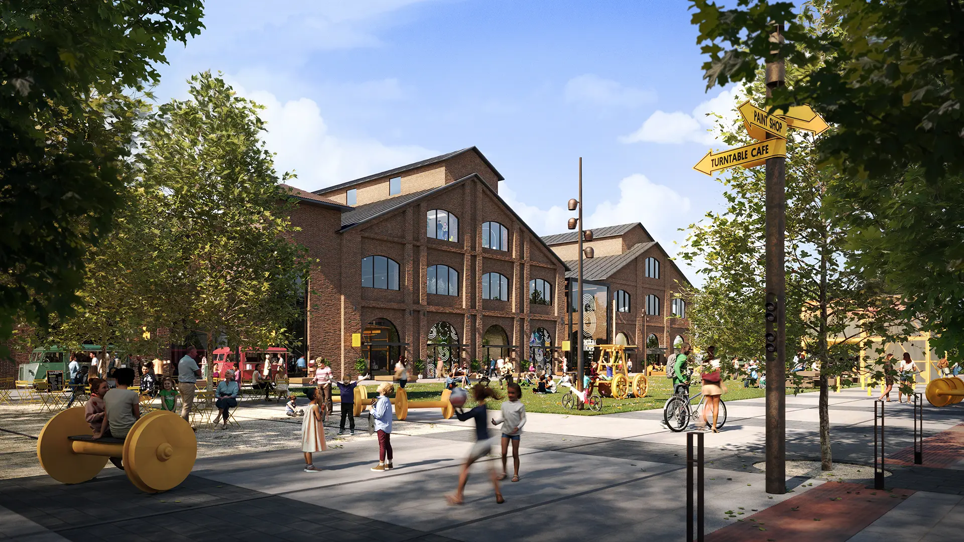 a 3d rendering of the future Railyards filled with buidling, trees, and people